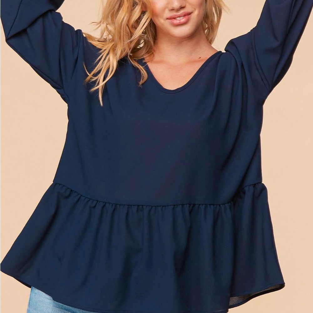 Haptics Babydoll Peplum Blouse Top V-Neck Navy Plus Size Oversized Solid 1X